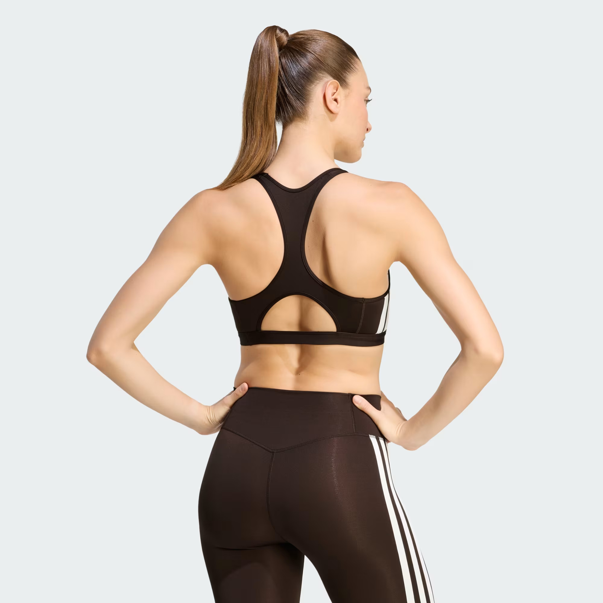 Optime Essentials Workout 3 Stripes Medium Support Bra Brown KS6077 23 hover model